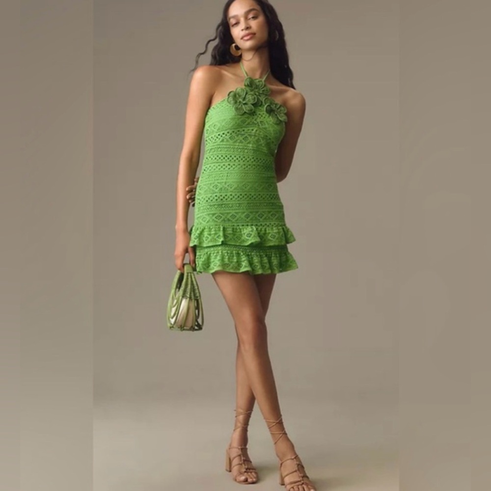 FARM RIO Green Crochet Halter Dress